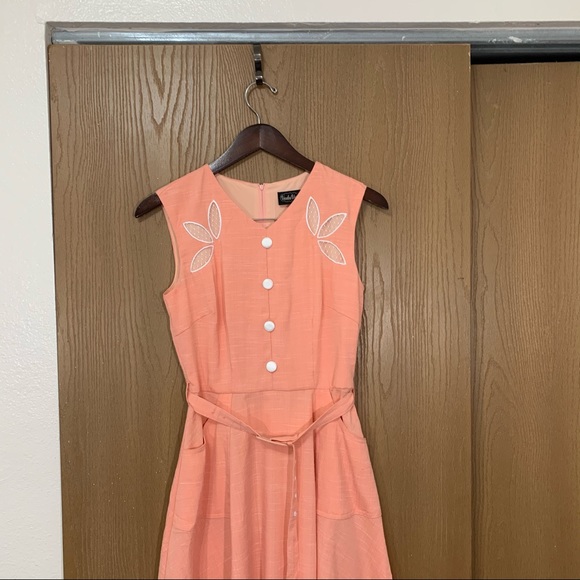 Voodoo Vixen Dress Peach Pocket Belted Retro Pinup - Picture 2 of 10